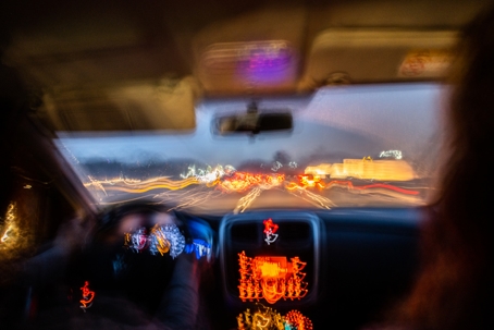 View from inside a car at night stock photo
