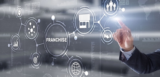 Businessman hand touching inscription Franchise marketing system