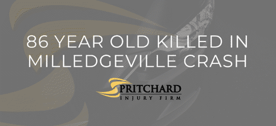 Pritchard Injury Firm logo and the words 86 year old killed in Milledgeville crash