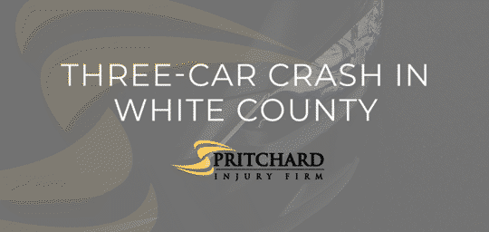 Pritchard Injury Firm logo and the words Three-Car Crash in White County